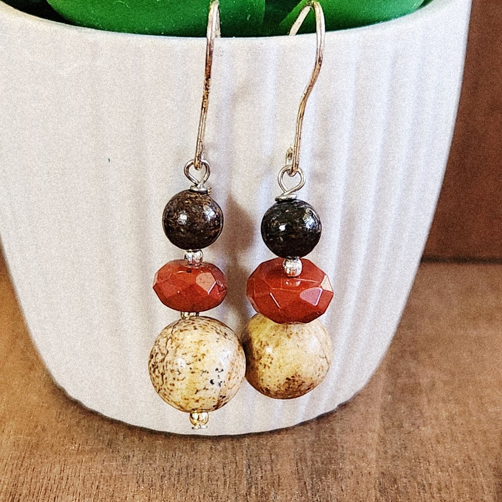 Handmade Natural Stone Earthy Jasper Terracotta Beaded‎ Drop Earrings Boho 1.75"